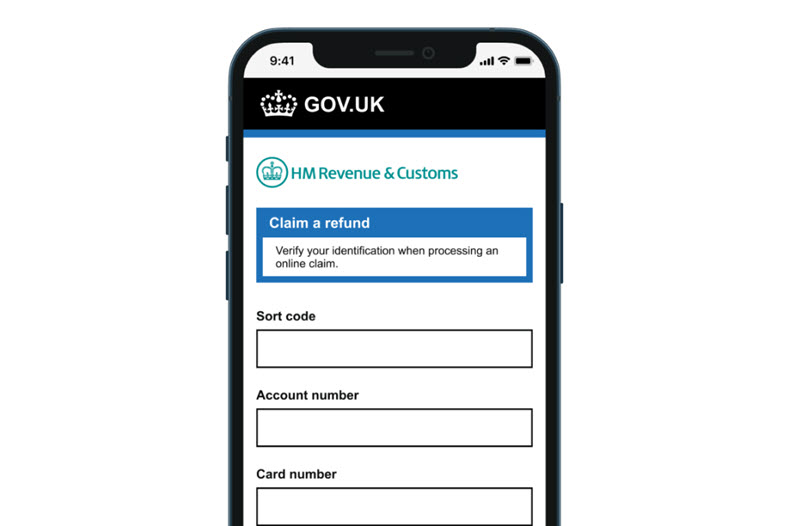 A smart phone displaying a website that looks like the genuine HMRC website. The website shows a form for the user to enter their details.