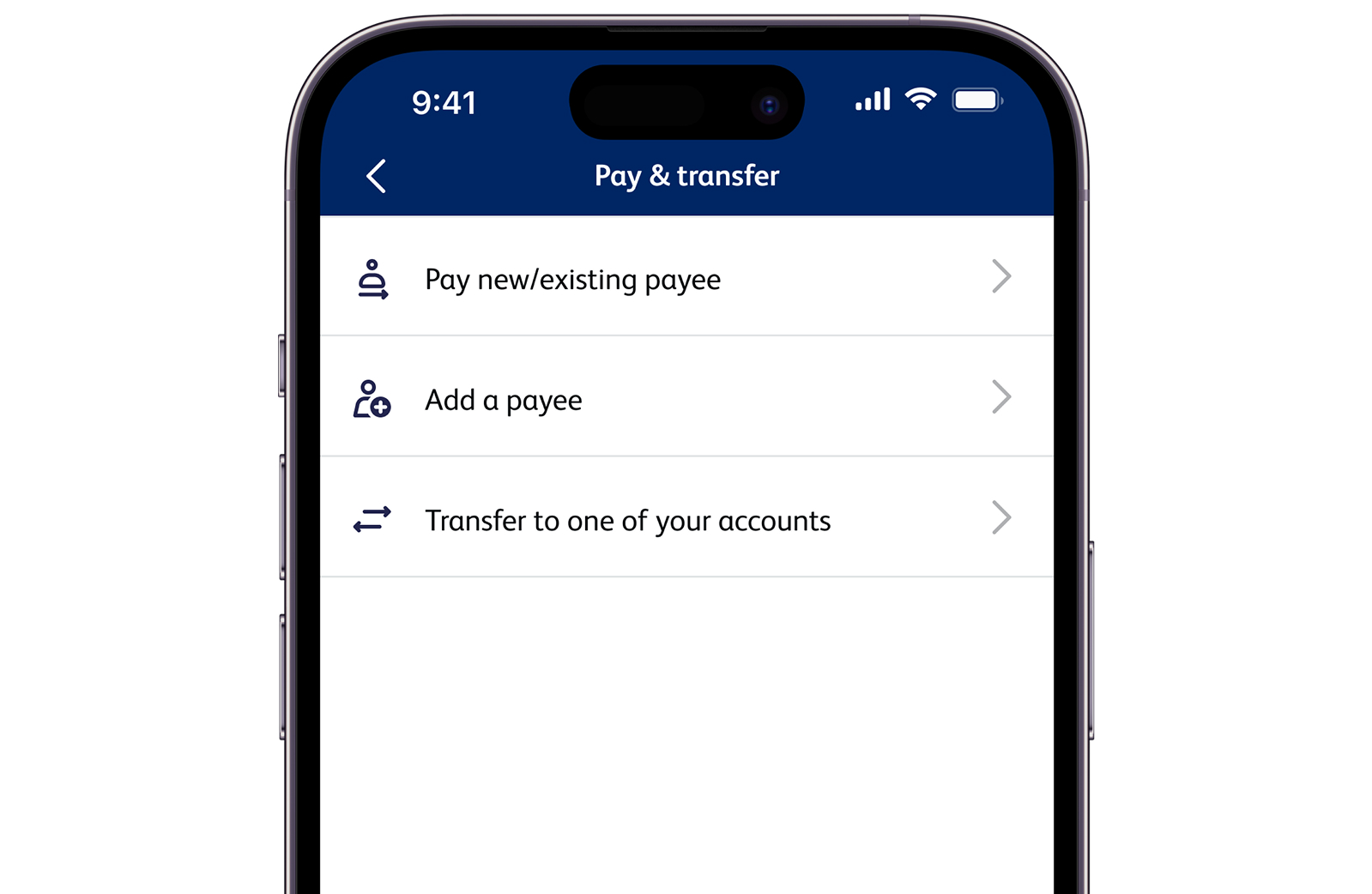 A screenshot of the Business Banking App pay and transfer page on a mobile device. It shows options to select an existing payee or transfer to one of your accounts.