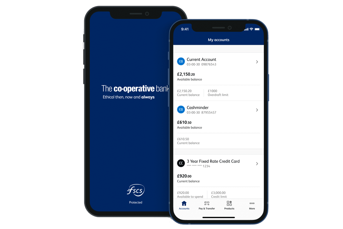 A screenshot of our mobile banking app, showing examples of accounts, balances and menu options