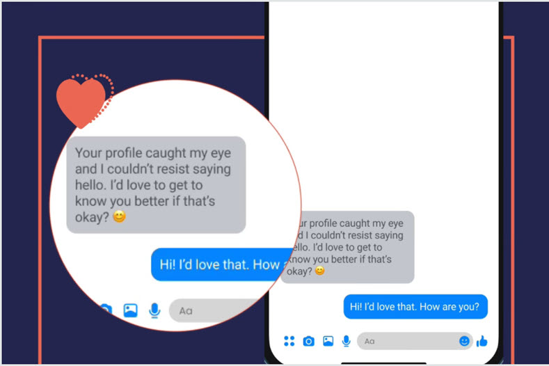 A smart phone displaying a message that has been zoomed in. The message includes an exchange between two users where one expresses interest in getting to know the other better.