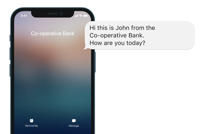 A smart phone displays a call from what looks like The Co-operative Bank. A speech bubble to the side of the smart phone shows a friendly conversation.