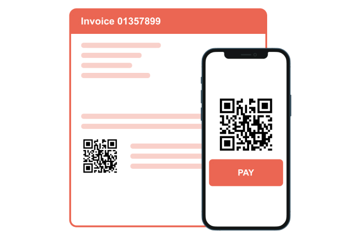 An illustration of an invoice with a QR code. To the side of the invoice is a smart phone displaying a QR code with the word 'pay' below. Scanning this code using your phone will open the google website on your phone’s default browser.