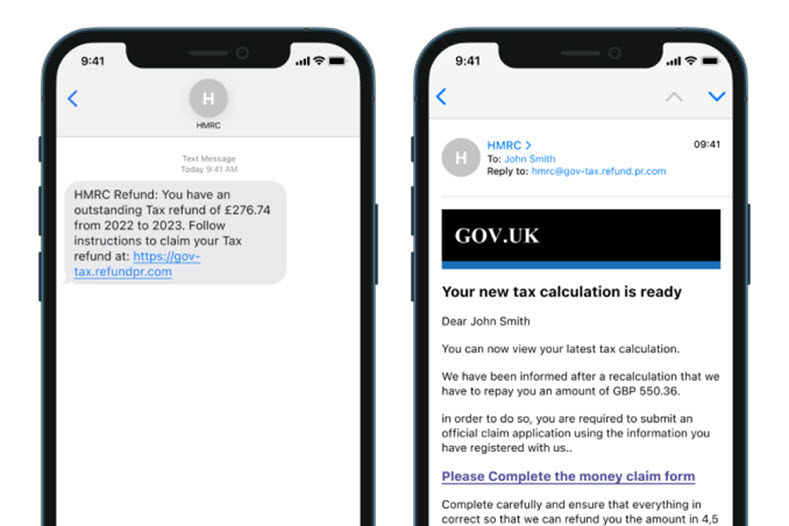 Two smart phones displaying a text message and email that appear to be from HMRC. Both encourage the user to make a tax refund by clicking on hyperlinks.