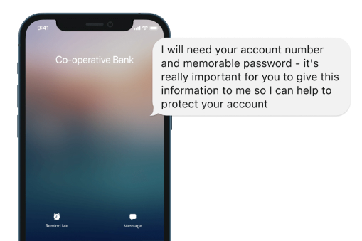 A smart phone displays a call from what looks like The Co-operative Bank. A speech bubble to the side of the smart phone shows a conversation asking the user to share their account details and password.