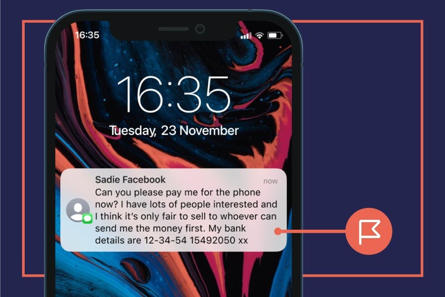 A red flag points to a notification on a smartphone from someone requesting payment for a phone. It mentions that there are other interested buyers and emphasizes sending the money first.