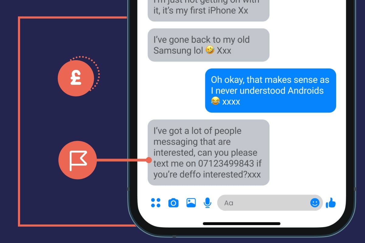 A smartphone displaying a text conversation. A red flag points to the sellers message trying to move the conversation to a different mobile number.