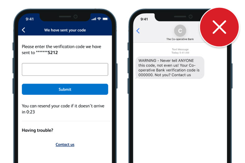 Two smart phones displaying a website and text message. The website shows a verification code has been sent to a mobile number and displays a field to enter the verification code. The text message displays a verification code with a red cross over the corner of the screen.