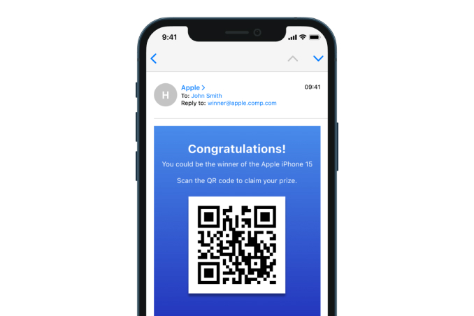 A smart phone displays a congratulations email with a QR code, conveying that the user needs to scan a QR code to claim a prize. Scanning this code using your phone will open the google website on your phone’s default browser.