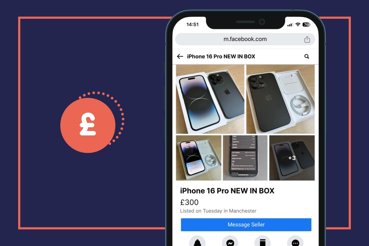 A smartphone displaying a social media post about a brand new phone being sold for an unusually cheap price